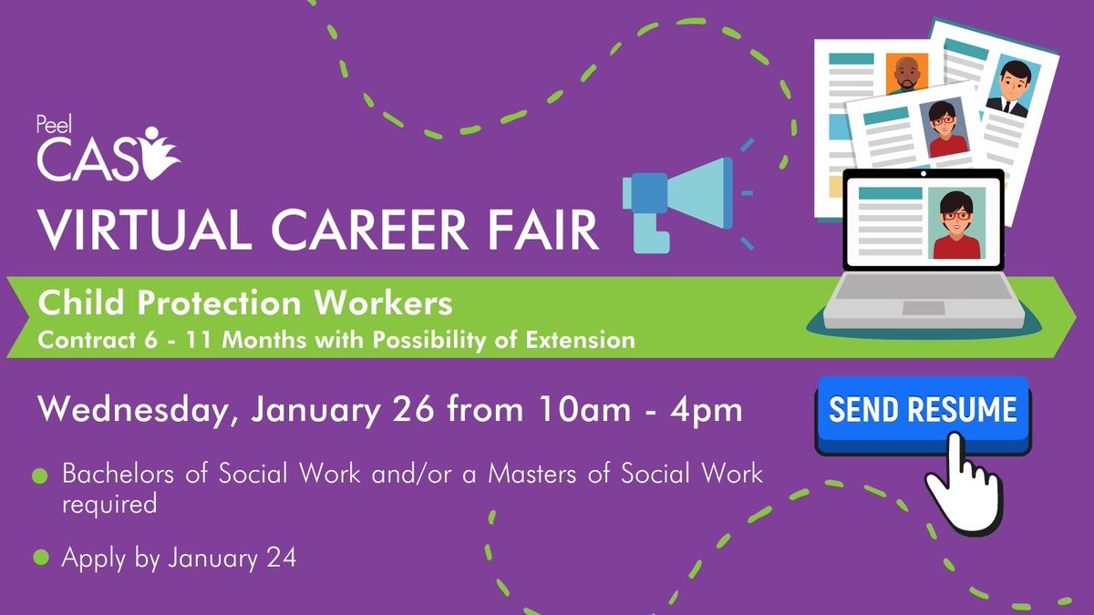 PeelCAS's tweet photo. Looking to make a difference in our #Peel community? 

📢Calling all Child Protection Workers! Join us for a Virtual Career Fair on Jan 26!

👉Submit Resume to PCAssociates@peelcas.org or apply online by Jan 24: https://t.co/zth69nFuR6 https://t.co/AAGOzfOeR8