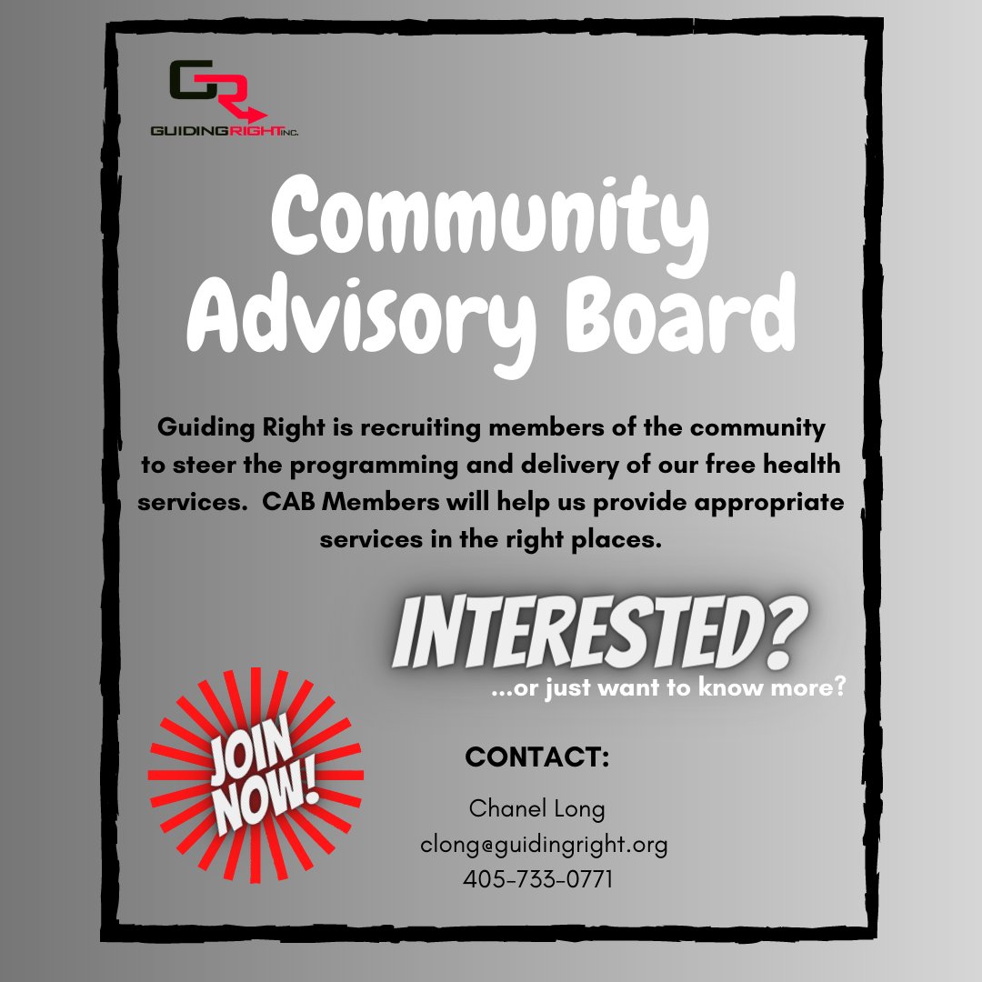 guidingrightinc's tweet photo. Are you looking for an opportunity to better serve your community? Now, this is your chance to do so! Contact Chanel Long for more information about applying for CAB. https://t.co/kCaFNzSONM