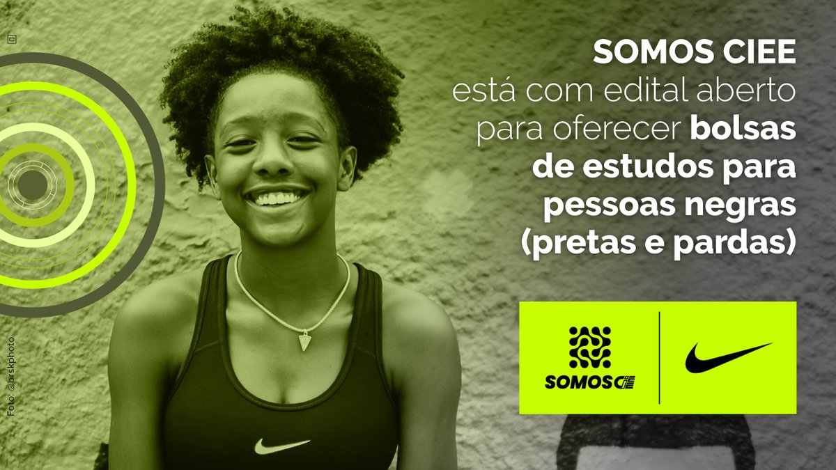 CIEE_oficial1's tweet photo. Em parceria com a NIKE, o SOMOS CIEE está oferecendo bolsas de estudos para pessoas negras (pretas ou pardas), que tenham feito o ENEM e cursado o Ensino Médio em escola pública. Acesse o link e saiba mais sobre essa oportunidade
https://t.co/uvxon8HmlG
#Nike #SomosCIEE #Fisia https://t.co/tZqQbCSajd