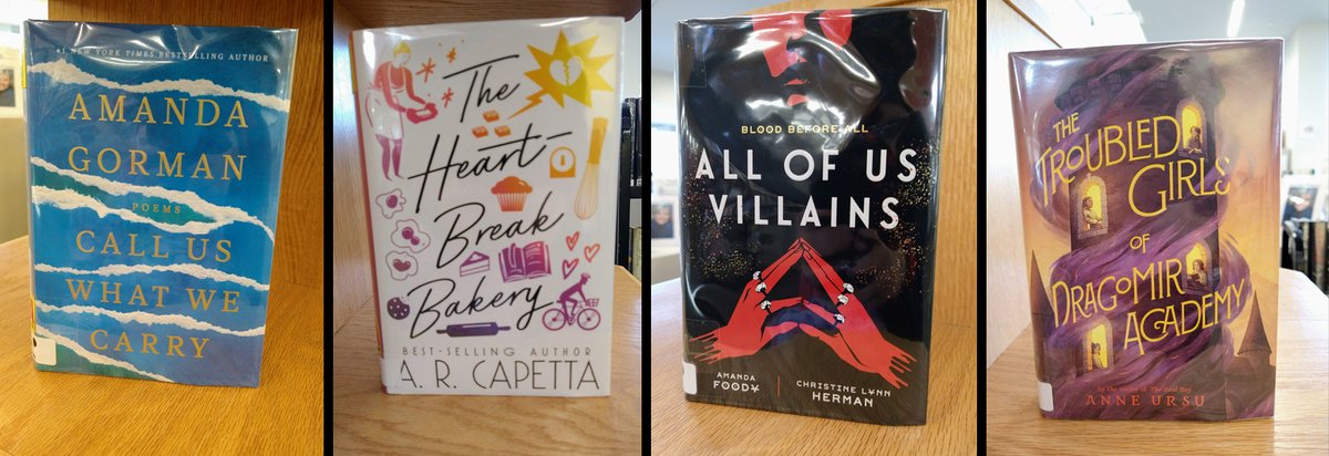GreatNeckLib's tweet photo. New #teenreads are here! Featured titles:
- "Call Us What We Carry" by @TheAmandaGorman
- "The Heartbreak Bakery" by #ARCapetta
- "All of Us Villains (#1)" by #AmandaFoody and #ChristineLynnHerman
- "The Troubled Girls of Dragomir Academy" by @anneursu https://t.co/SwcSIVExnl