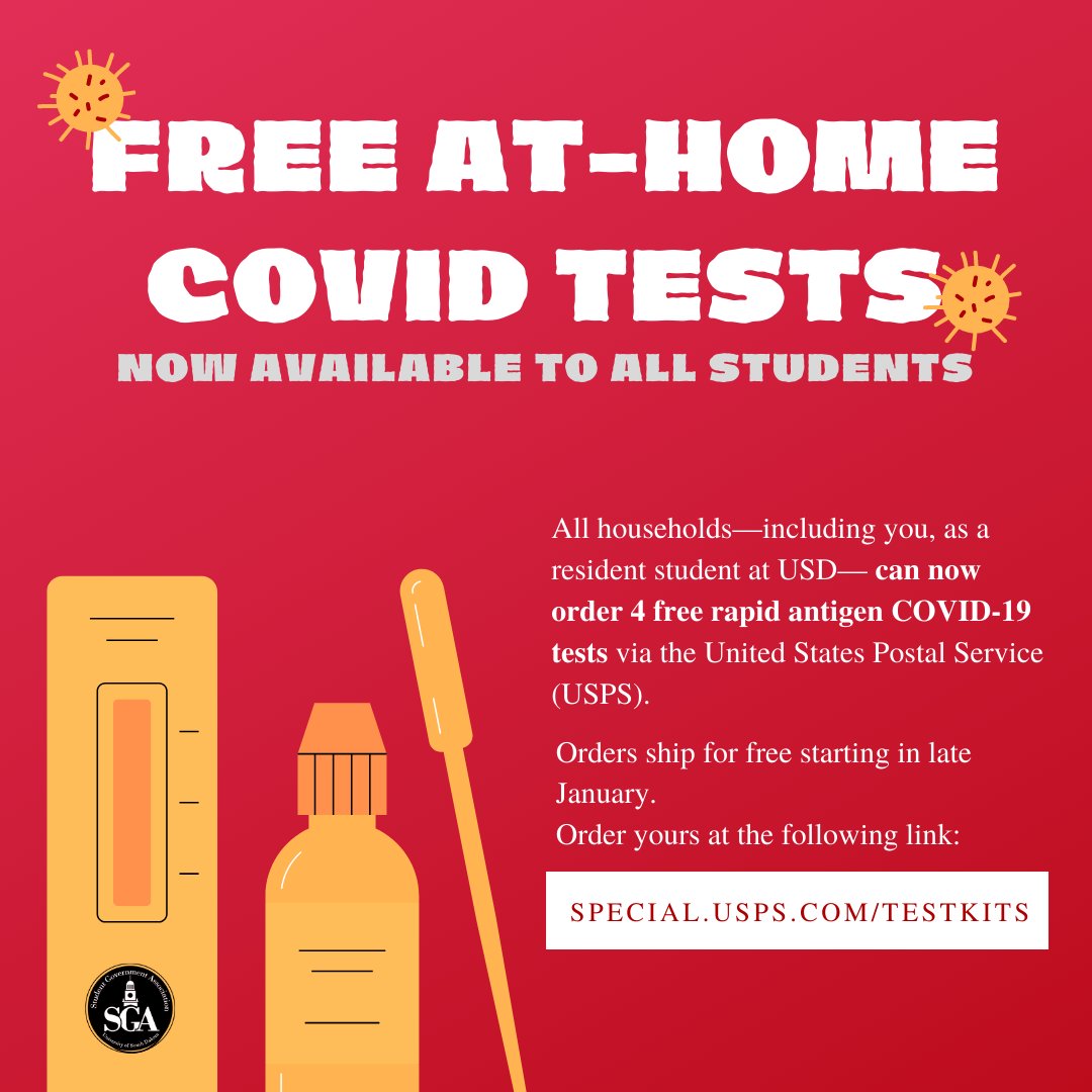 USD Student Government Association (@usdsga) on Twitter photo Students can now get four free COVID-19 rapid antigen tests via <a href="/USPS/">U.S. Postal Service</a> today — get tested, and protect those around you. See more info below. Tests can be ordered at special.usps.com/testkits Students can now get four free COVID-19 rapid antigen tests via <a href="/USPS/">U.S. Postal Service</a> today — get tested, and protect those around you. See more info below. Tests can be ordered at special.usps.com/testkits