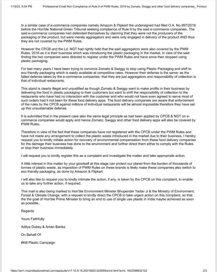 AdityaDubey2003's tweet photo. Request @CPCB_OFFICIAL @DrGargava to take urgent action on our complaint against @zomato @swiggy_in & other food delivery brands for violation of Rule9 of PWM Rules
An immediate stop needs to be put on tonnes of plastic waste being created by them
#KillPlastic to #SaveThePlanet https://t.co/WsEmK8bpXx
