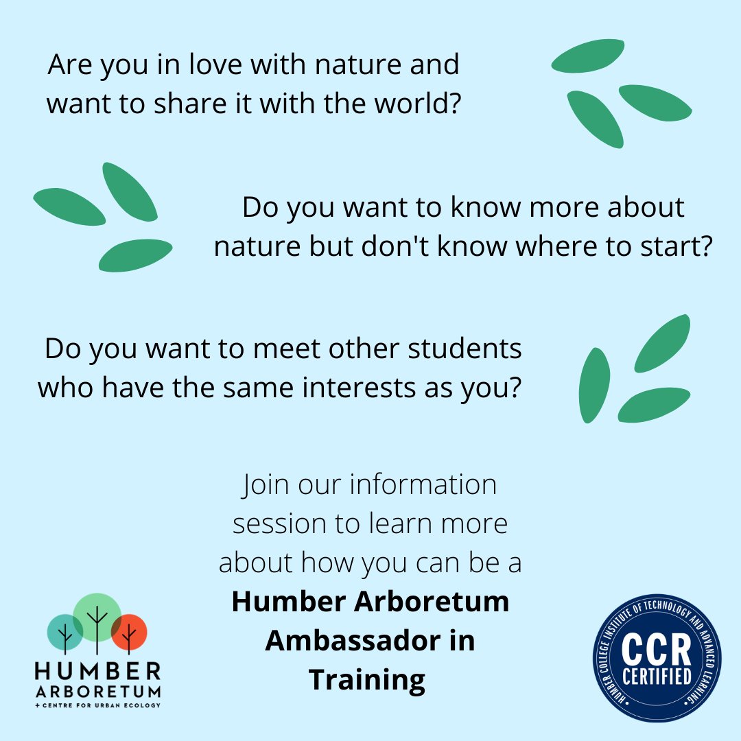 Noon today! 
#HumberCollege and #UofGH students interested in being a Humber Arboretum Ambassador-in-Training this semester can join us for a short virtual info session.
Meet the leaders, get an overview of the program, ask any questions you may have!
humber.ca/arboretum/even…