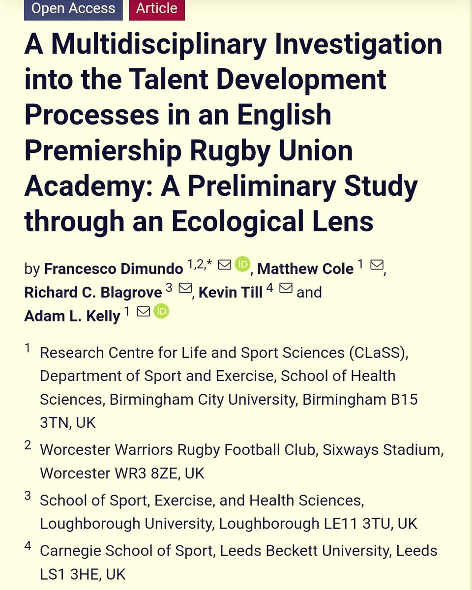 New study out. The first study in rugby union investigating over 32 factors affecting progression in a Premiership Academy (you guess the club!). An unbelievable support by the research team! @PhD <a href="/AcademyWarriors/">Worcester Warriors Academy</a> @worcswarriors @bcusport <a href="/RFU/">Rugby Football Union</a> <a href="/WorldRugby/">World Rugby</a> <a href="/Sports_MDPI/">Sports</a>