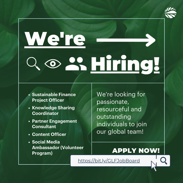 📢We're Hiring!

Are you passionate &amp; resourceful? Join our global team:
☑️ Sust. Finance Project Officer
☑️ Knowledge Sharing Coord.
☑️ Partner Engagement Consultant
☑️ Content Officer
☑️ GLF Social Media Ambassador

🌐 Apply Now! bit.ly/GLFJobBoard

#ThinkLandscape
