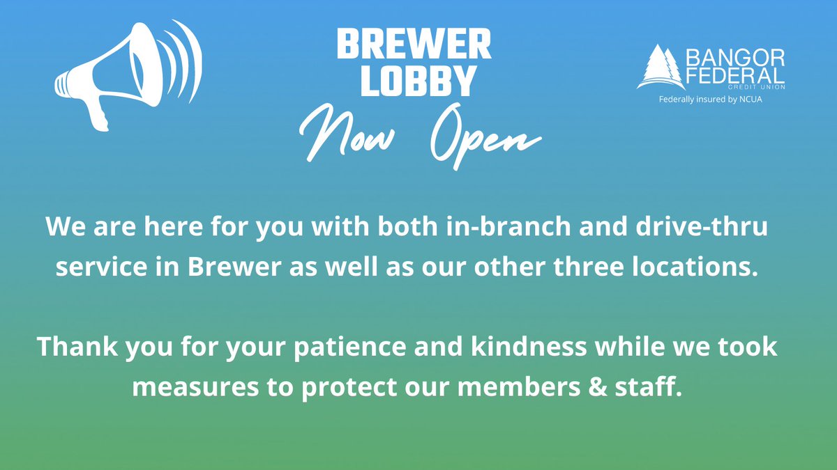 Exciting News! 🎉 

Our Brewer Lobby is back open and the Brewer team can’t wait to see your smiling faces! 😊 

We appreciate you being patient with us as we worked to ensure our members and staff are healthy &amp; safe. 

#youbelonghere #local #creditunion #peoplefirst