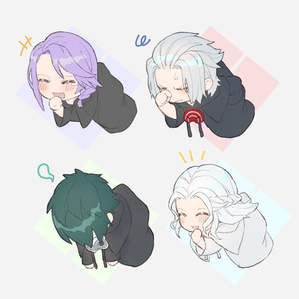 braid hood down robe closed eyes single braid purple hair multiple boys  illustration images