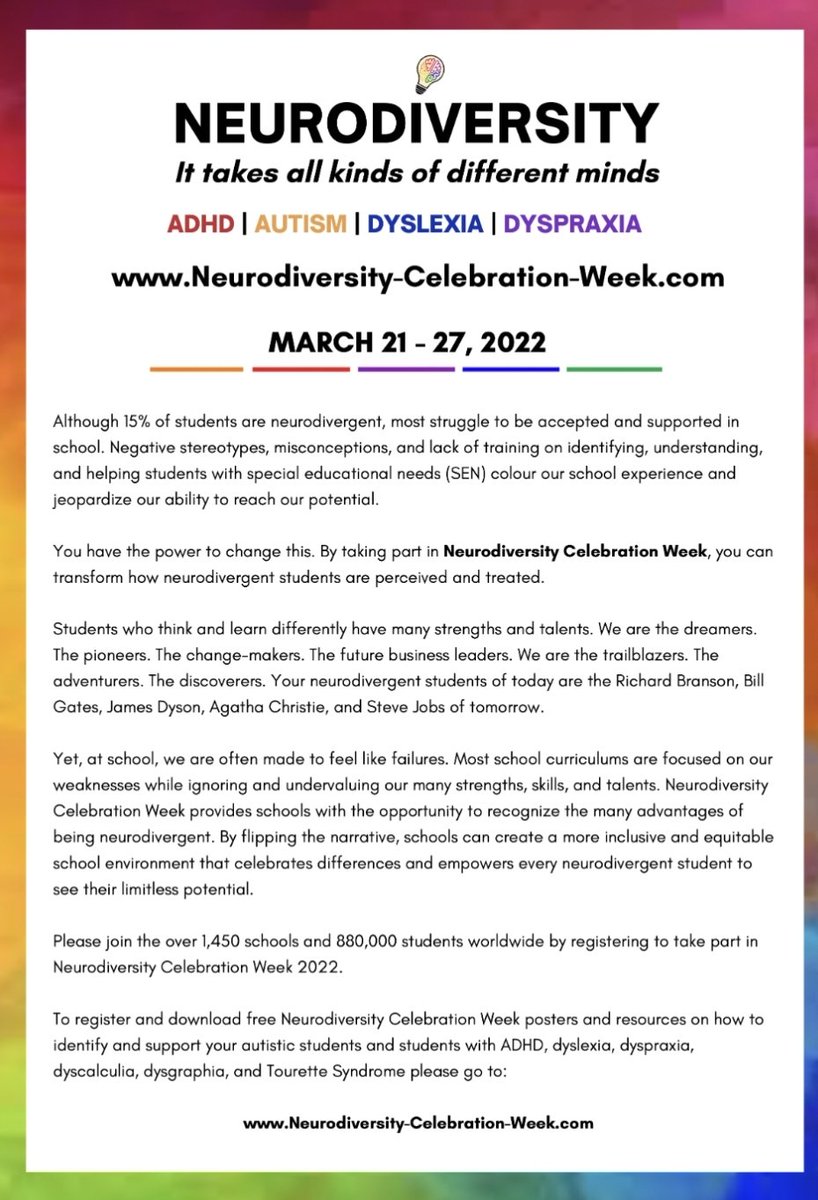 Colleagues working in our local schools and other educational settings can now register to take part in #NeurodiversityCelebrationWeek 21-27 March 2022. 

Sign up to access resources for your school here: neurodiversity-celebration-week.com