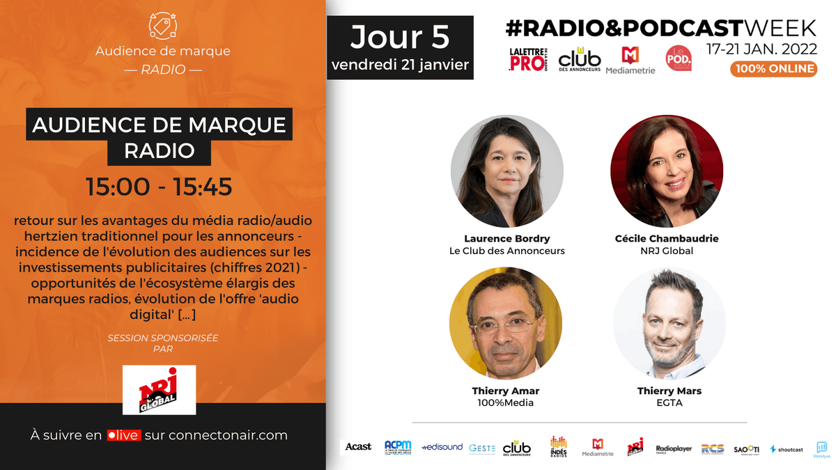 NrjGlobal's tweet photo. #NRJGlobal participe au #RadioPodcastWeek du 17 au 21/01 🎧
🗣 Le 21/01, @cecchambo interviendra à 15h au sujet de l'évolution des modes de commercialisation de la #Radio et Nicolas Haby échangera à 16h sur le marché des #Podcasts
👉 https://t.co/8r8c7TnuZz
#RadioWeek https://t.co/OroieBk3kU