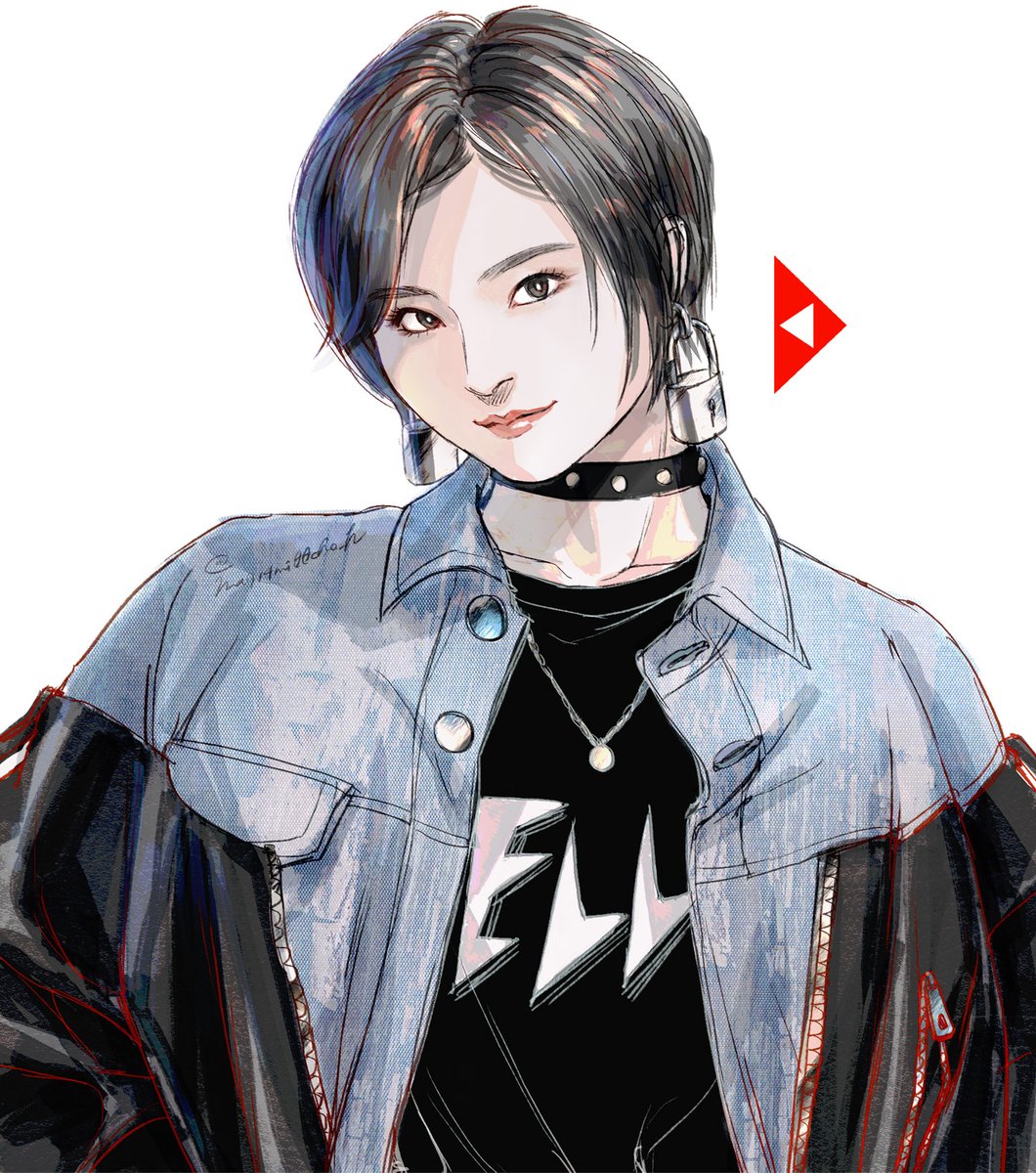 solo 1girl jewelry jacket short hair earrings shirt  illustration images