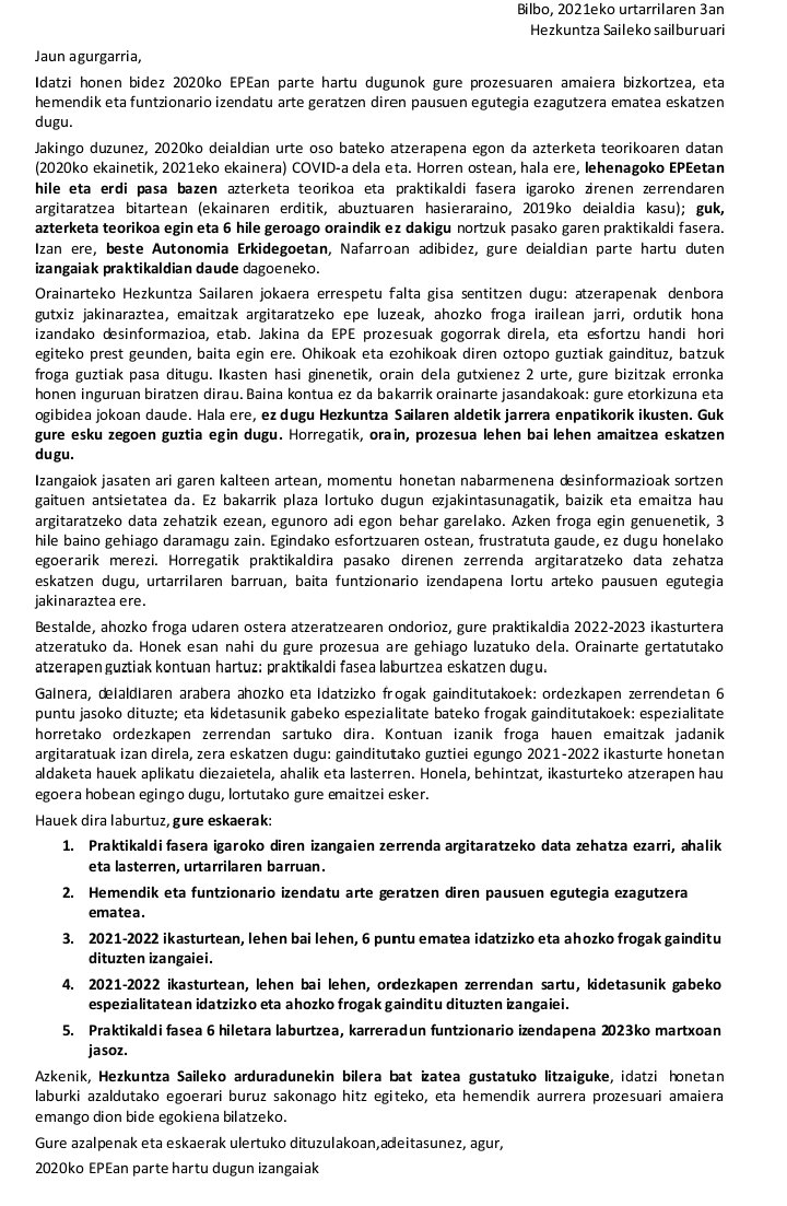 Aitzakia's tweet photo. 2020 EPEari buruzko HARIA:
Ezkerrean, hainbat lagun Hezkuntza sailera igorritako eskaerak. Eskuinean @Gob_eus  -k atzo publikatutako oharra. Alegia, hitz huts ugari ta konponbide/argipen bat ere ez. Nahikoa da! https://t.co/8q9oq55miG