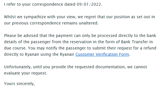AdamJareh's tweet photo. .@Ryanair do not allow refunds to an account that was used to pay for a flight if it doesn't share a name with the passenger the ticket is for. Does that seem intentionally convoluted and obstructive to anyone else? Are children expected to offer up bank details?! #ryanair https://t.co/HeTL40tGnH
