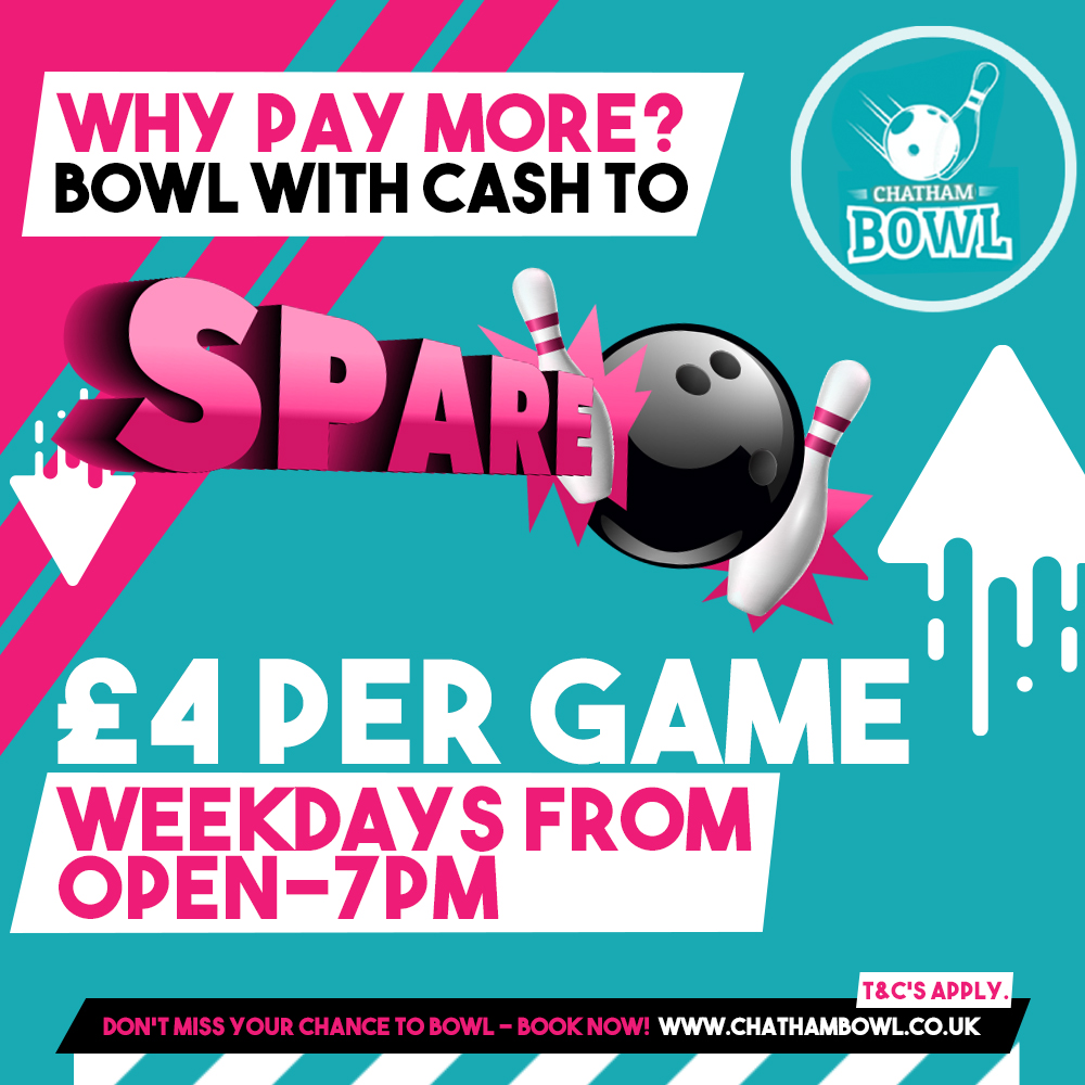 ChathamBowl's tweet photo. Don't pay more than you have to for a good day out at the bowl! 🎳

Get your hands on a game of bowling for only £4 when you join us before 7PM on any weekday 😎

https://t.co/b5n7DTWl0z 📲
 
#ChathamBowl #Bowling #Chatham #Arcade #Bowl #pizza #familyfun #cocktails #Drinks #Food https://t.co/VAG645lrR1