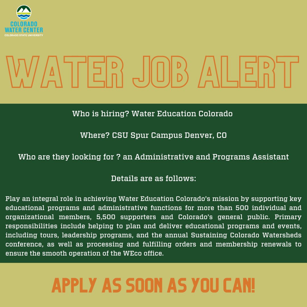 COWaterCenter's tweet photo. #WaterJob Alert! @WaterEdCO is seeking an Administrative &amp; Programs Assistant to support their educational programs throughout the state of Colorado! Position is part-time and in Denver, CO. The position will remain open until filled!
Further details on our job board #linkinbio https://t.co/VD2WT4tKRH