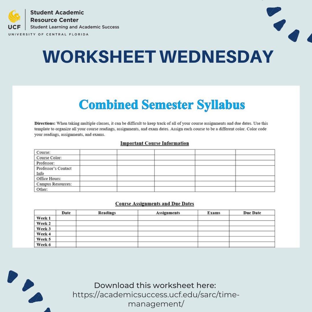 UCFSARC's tweet photo. Are you unsure about how to keep track of assignments? 😱The combined semester syllabus is a great way to organize all your assignments onto one page. You can get this worksheet from our website! 📚 #UCFSARC #WorksheetWednesday #Spring2022 #ACECoaching #TimeManagement https://t.co/YwMOPITNwG
