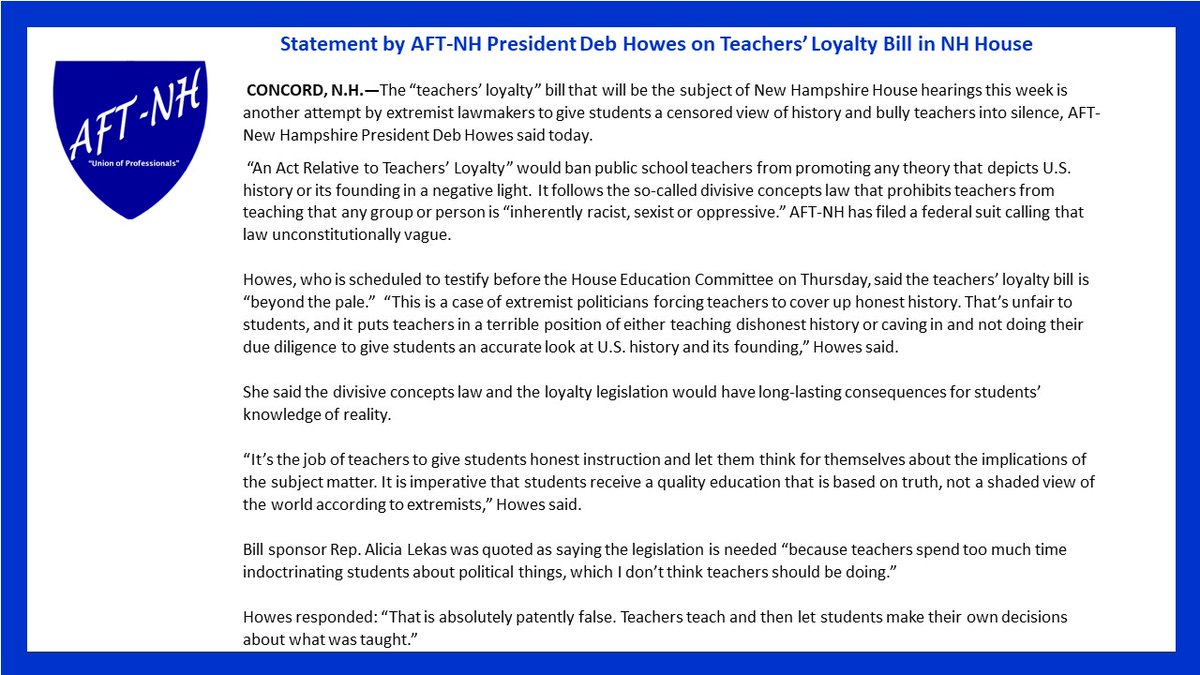 AFTNewHampshire's tweet photo. HB 1255 bans teaching any “negative account or representation of the founding and history of the United States. A good history education prepares the next generation to be engaged citizens and critical thinkers. @AFTunion #HonestTeaching #NHPolitics https://t.co/8ZpUmooPTS