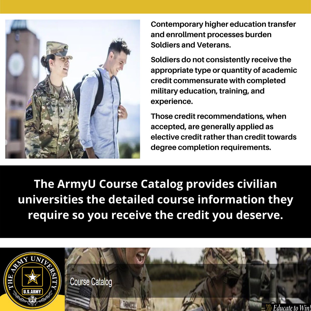 The Army University (@armyuniversity) on Twitter photo ArmyU has developed a public-facing course catalog or searchable database of Army course entries to help you get the credit you deserve at civilian universities. Check it out at armyuniversity.edu/Registrar/Cour… #EducateToWin #TeamArmyU #Veterans #Soldiers <a href="/USArmy/">U.S. Army</a> <a href="/GoArmy/">GoArmy</a> <a href="/TRADOC/">U.S. Army TRADOC</a> <a href="/usacac/">Combined Arms Center</a> ArmyU has developed a public-facing course catalog or searchable database of Army course entries to help you get the credit you deserve at civilian universities. Check it out at armyuniversity.edu/Registrar/Cour… #EducateToWin #TeamArmyU #Veterans #Soldiers <a href="/USArmy/">U.S. Army</a> <a href="/GoArmy/">GoArmy</a> <a href="/TRADOC/">U.S. Army TRADOC</a> <a href="/usacac/">Combined Arms Center</a>