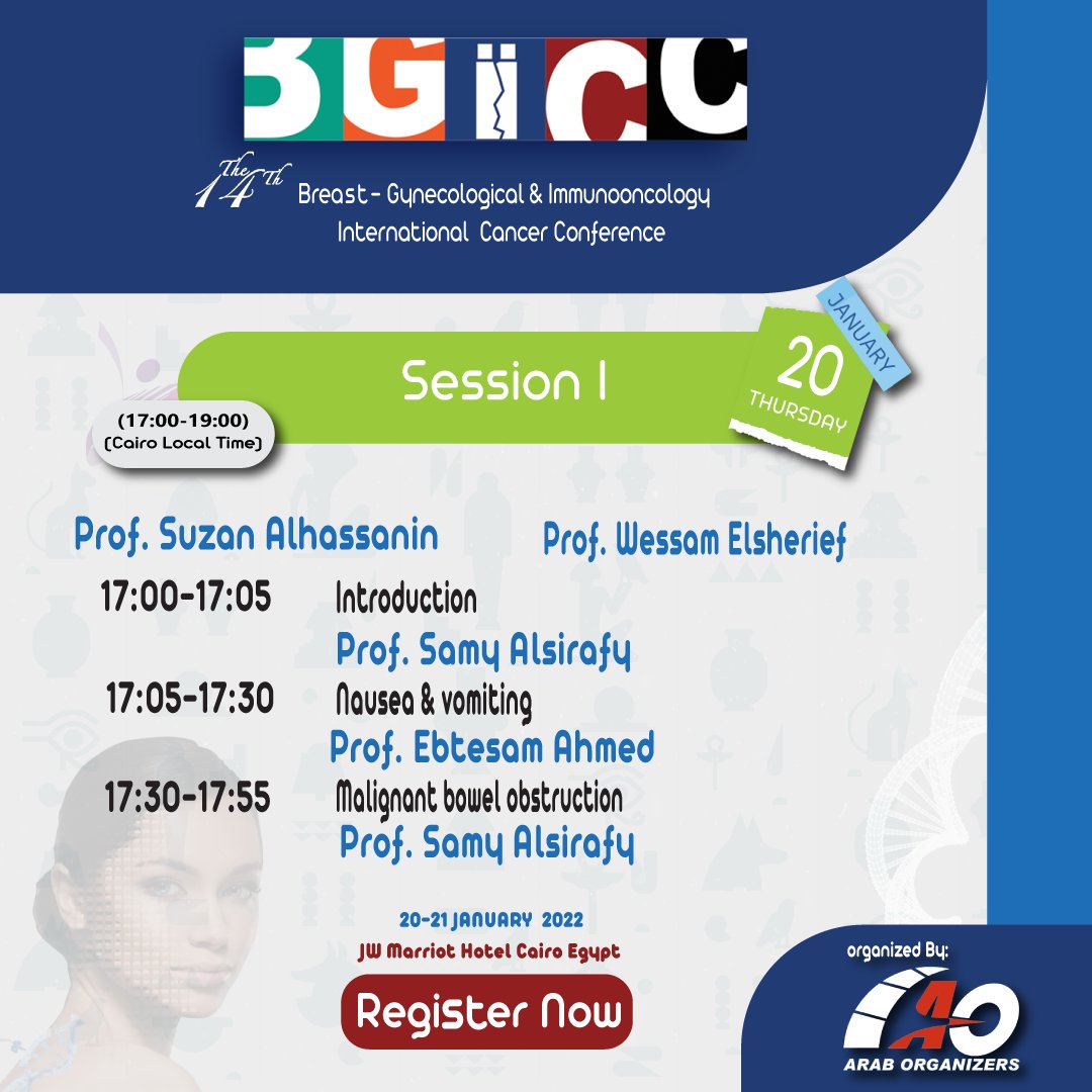 Dear Colleagues and Friends,

We are honored to announce the 14th #BGICC agenda: 

#Palliative Care Course

Session I 

Will be on Thursday 20 January 2022

(17:00-19:00)
(Cairo Local Time)

At JW Marriott Cairo Egypt.
register now.

bgicc.net/home