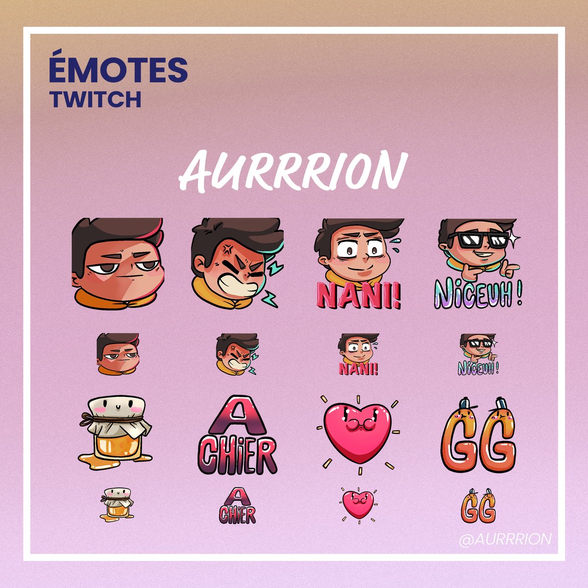 Emotes done for myself.
it was for my own but i'm not streaming anymore for now ^^

Emotes réalisées pour ma propre personne.
Elles sont destinées pour mes sessions de stream que je ne fais plus pour le moment ^^

#emote #emotes #stream #streaming #twitch #illustrateur