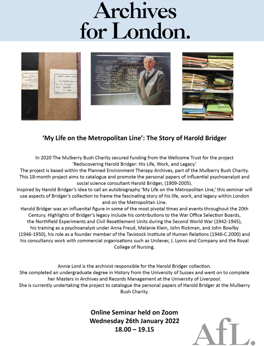 Annie Lord (@annielord11) on Twitter photo Join me on the 26th for my first ever online seminar! I will presenting on my current project ‘Rediscovering Harold Bridger:His Life, Work and Legacy’ for <a href="/archives4london/">Archives for London</a> and framing the story of his life via the Metropolitan line.
eventbrite.co.uk/e/my-life-on-t… Join me on the 26th for my first ever online seminar! I will presenting on my current project ‘Rediscovering Harold Bridger:His Life, Work and Legacy’ for <a href="/archives4london/">Archives for London</a> and framing the story of his life via the Metropolitan line.
eventbrite.co.uk/e/my-life-on-t…