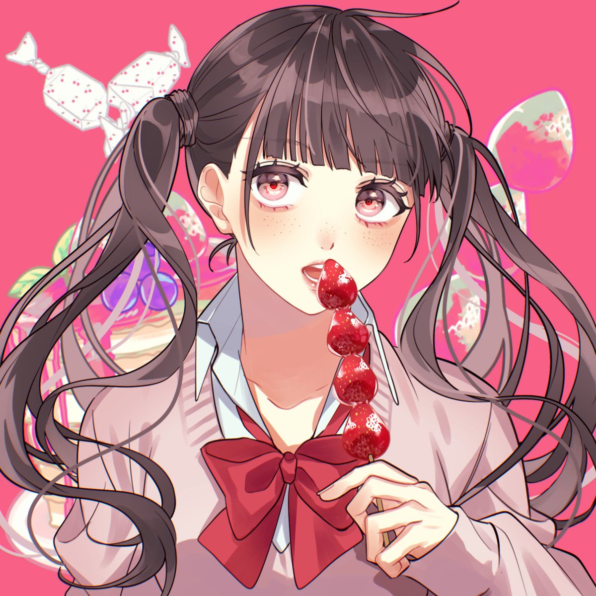 1girl solo food twintails bangs strawberry bow  illustration images
