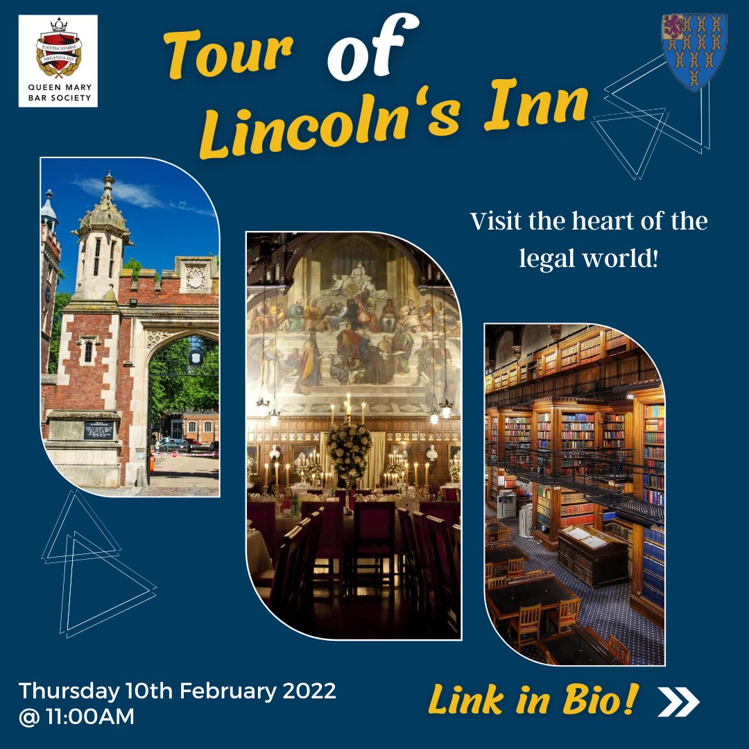 Join us as we explore the heart of legal London, on a tour of Lincoln’s Inn- one of the 4 Inns of Court

A chance to explore the legal world, and talk to barristers over tea &amp; coffee

Rsvp: queenmarybarsociety.org/event-info/tou…