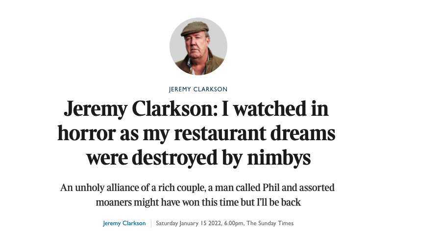 hghConsulting's tweet photo. Somewhat cynical (but apt) comment below the article by@JeremyClarkson on the term 'BANANA' as in 'Build Absolutely Nothing Anywhere Near Anything' https://t.co/zn3S565Z5W https://t.co/HqZeQK3Zam