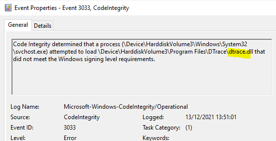 SBousseaden's tweet photo. Microsoft-Windows-CodeIntegrity EID 3033 is a gold #DFIR and detection source DLL hijack/LPE signs  (by default its not noisy at all compared to logging all imageloads via sysmon, few legit hits like dtrace), highly recommend to collect it centrally in your SIEM https://t.co/xtvRsFXBES