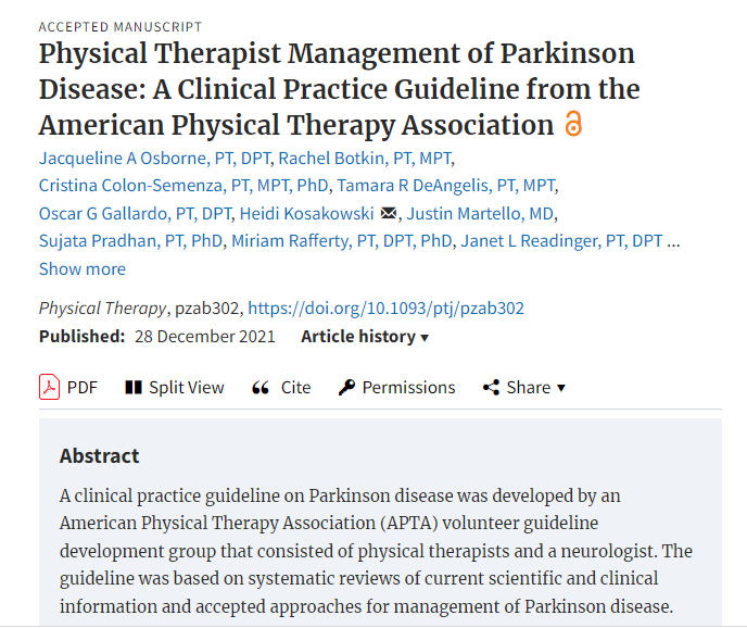 PTJournal's tweet photo. New in PTJ: A Clinical Practice Guideline for patients living with Parkinson Disease! 

Strongest recommendations: Aerobic training, resistance training, balance training, external cueing, gait training, and task-specific training

Read the CPG here: https://t.co/GxySF5Hzy7 https://t.co/Y9QeIf6tQq