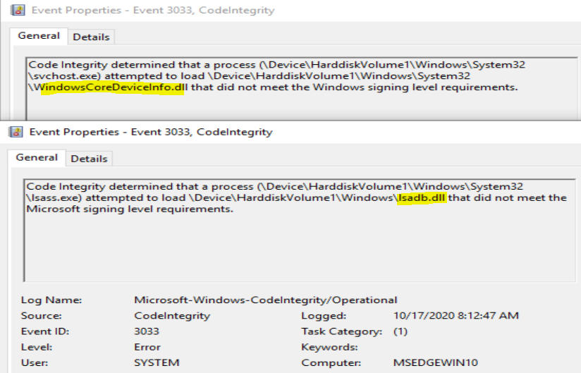 SBousseaden's tweet photo. Microsoft-Windows-CodeIntegrity EID 3033 is a gold #DFIR and detection source DLL hijack/LPE signs  (by default its not noisy at all compared to logging all imageloads via sysmon, few legit hits like dtrace), highly recommend to collect it centrally in your SIEM https://t.co/xtvRsFXBES
