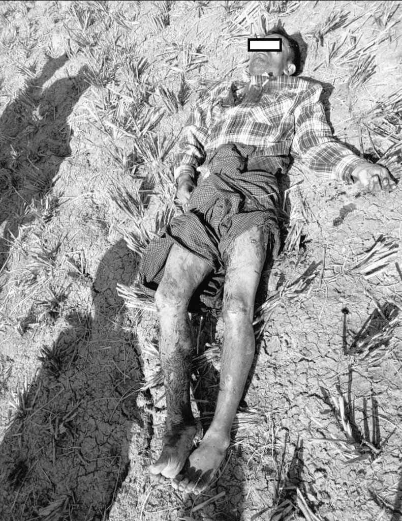 Chanapai247's tweet photo. tw// dead, graphic

Junta terrorists on patrol along the stream way in #KhinOo township raided Lat-Pan-Hla village this morning. After their raiding, they abducted 2 villagers and shot 40yo U Ko Oo at his leg amongst the fleeing ones in panic. He had been ... 1/2

#2022Jan19Coup https://t.co/miH8ikRcwK