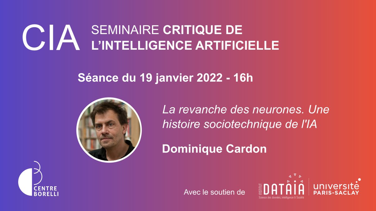 InstitutDATAIA's tweet photo. 🔴 Assistez en direct et dans quelques minutes (16h) au Séminaire Critique de l'#IA avec Dominique Cardon (@Karmacoma) sur la thématique : "La revanche des neurones. Une histoire sociotechnique de l’IA".

Pour vous connecter👉https://t.co/GeSFVz8q42 https://t.co/ZwgIJEaY40