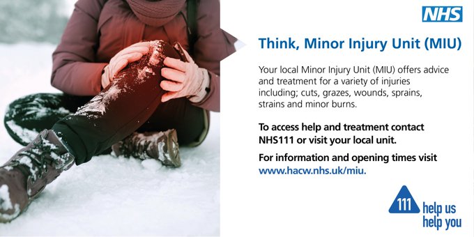 Think, Minor Injury Unit. A person on the snow holding their knee in pain