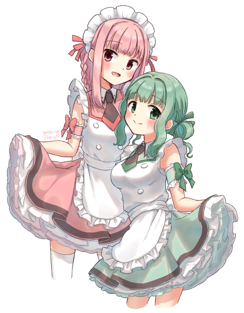 tamaki iroha multiple girls 2girls pink hair sidelocks dress short necktie frills  illustration images