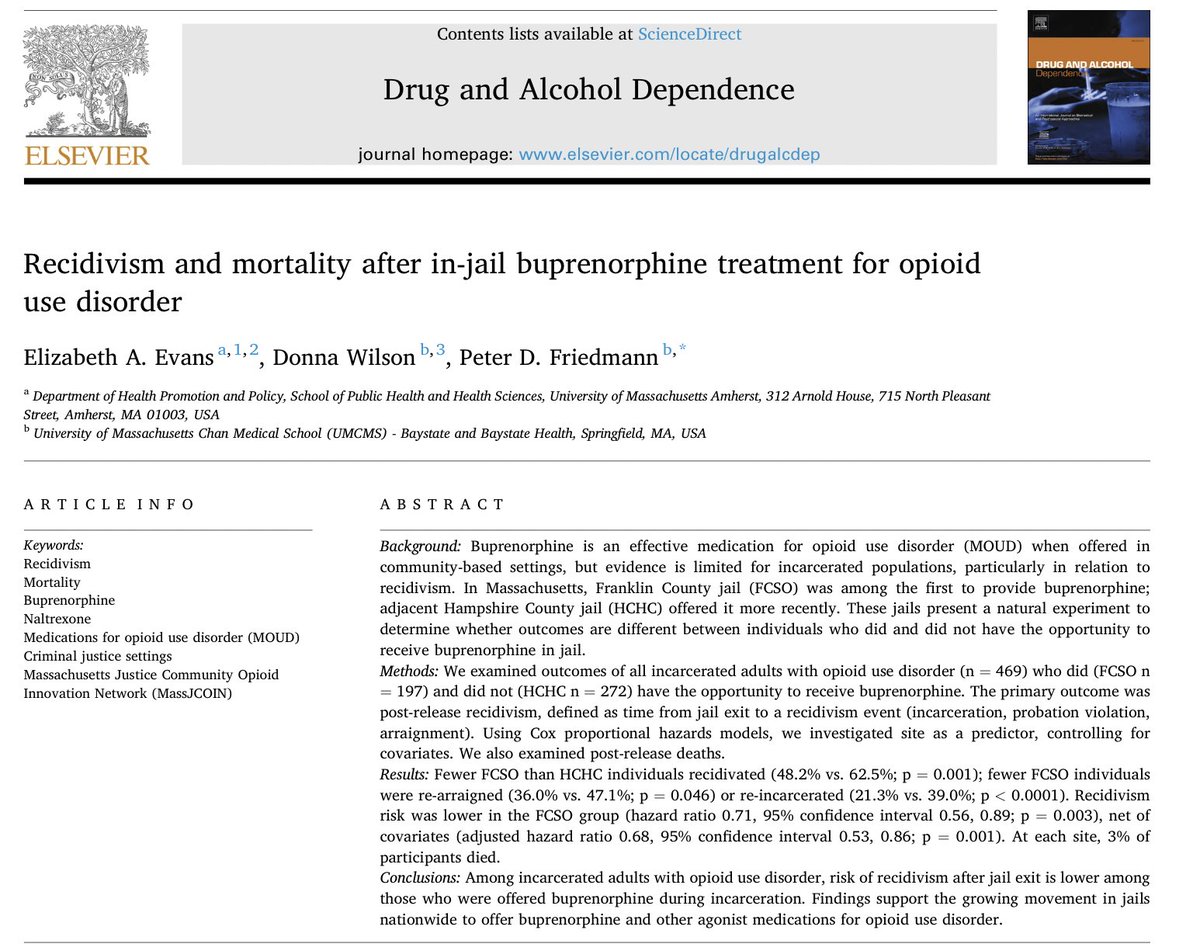 Important article by Elizabeth Evans, Donna Wilson, and Pete Friedmann--Recidivism and mortality after in-jail buprenorphine treatment for opioid use disorder. Medication opioid use disorder treatment helps the community, and saves lives. sciencedirect.com/science/articl…