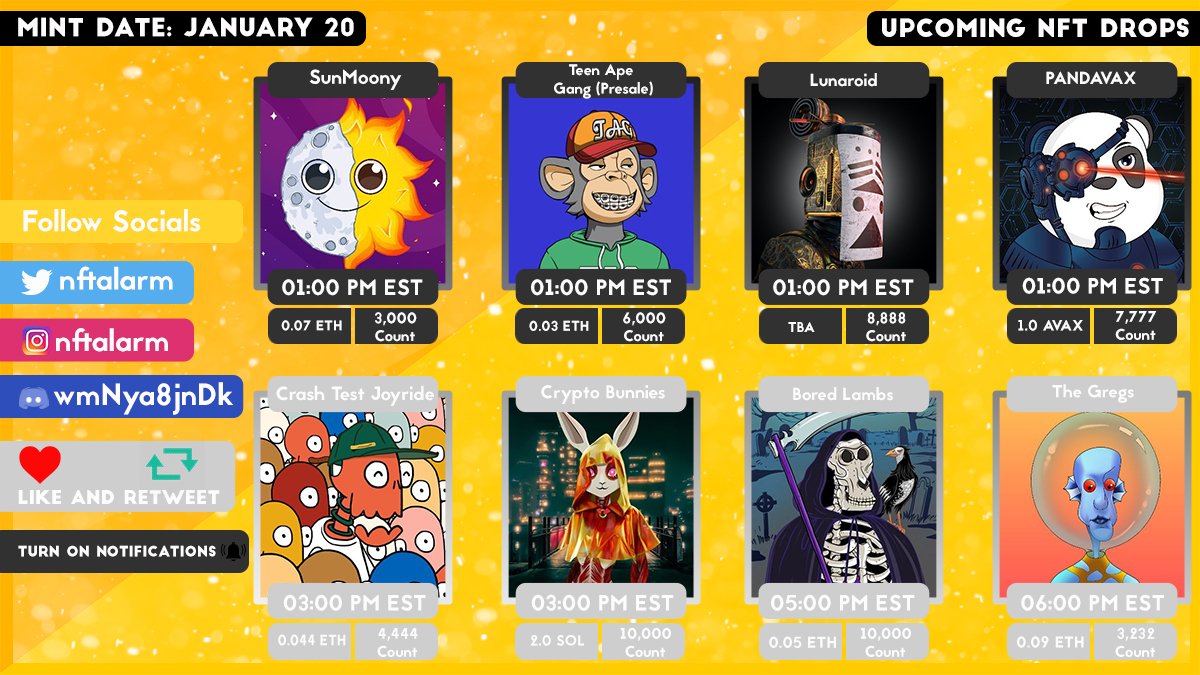 nftalarm's tweet photo. Upcoming NFT drops for January 20! 🚨
#NFT #NFTs #NFTCommunity #nftcollector #NFTGiveaway  #NFTdrops #NFTartist #nftart #nftalarm https://t.co/KqMsr0a19M