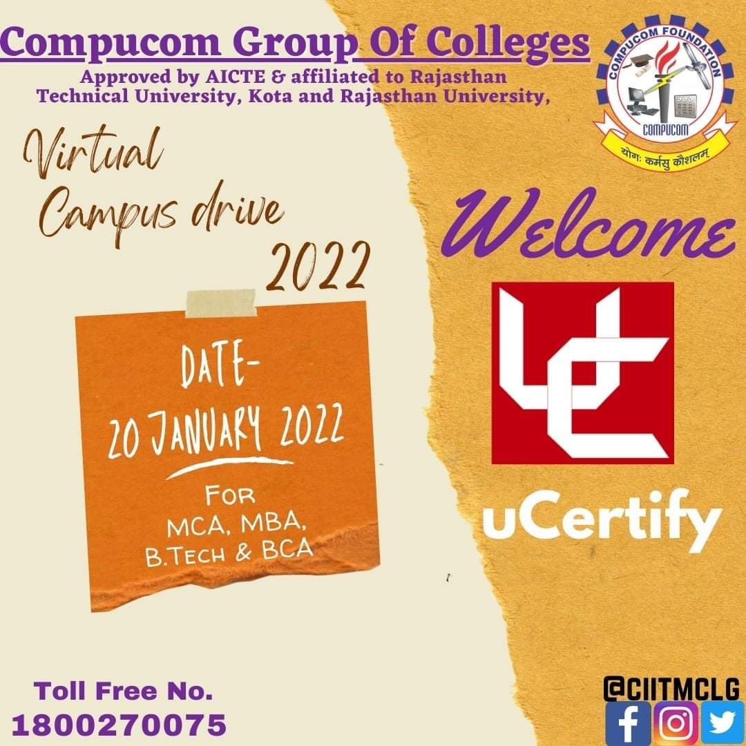 Ciitmclg's tweet photo. Join the Virtual Campus drive on 20 January 2022

Details of drive-
Company Name @uCertify
For :- MCA, MBA,https://t.co/GDKzjfa1Sh &amp; BCA

Toll Free Number:- 18002700750

Mail :- adm@ciitm.org
Website :-www.ciitm.org

#placement #ciitmclg #compucom #jobs #JobSearch #jaipur https://t.co/W6BJ2qqDSk