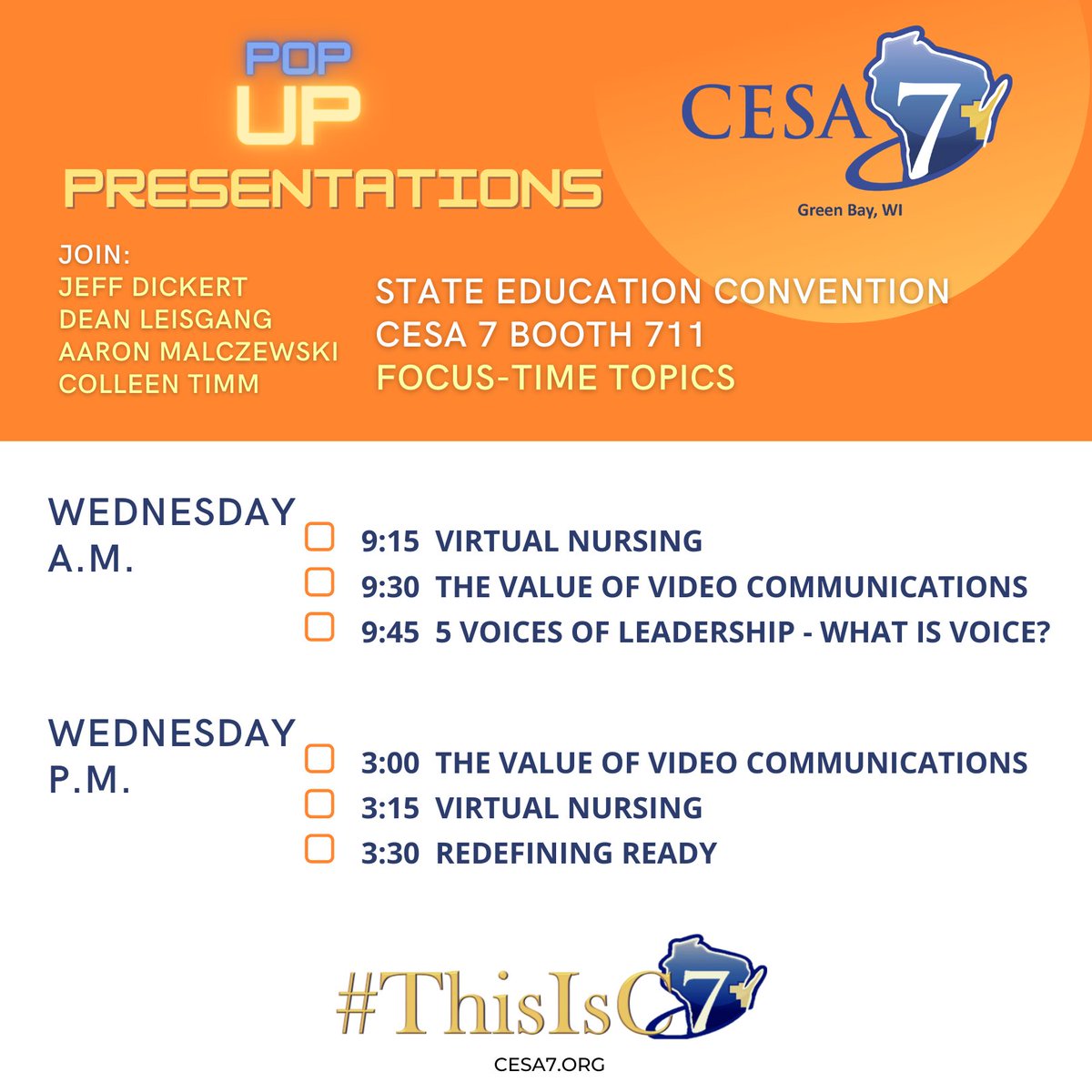 CESA7's tweet photo. 🙋♀️Join us today! We have a full day of Pop-up Presentations scheduled at Booth #711 during the State Education Convention in Milwaukee! #ThisIsC7 #2022EdCon #C7EdCon #FutureReady https://t.co/GsTpKTqkjF