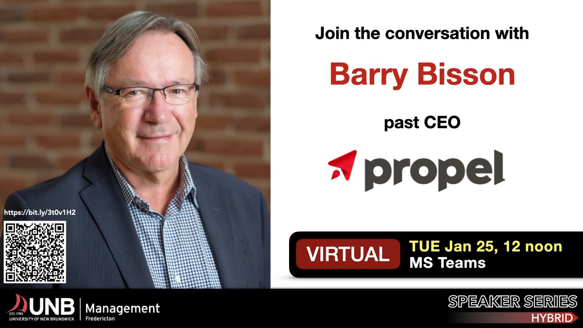 International Business & Entrepreneurship Centre (@unbibec) on Twitter photo We are thrilled to welcome Barry Bisson, past CEO of <a href="/propelict/">Propel</a> on the <a href="/UNBmanagement/">UNB Faculty of Management</a> #SpeakerSeries next week! Join the #conversation as Barry shares insights from his diverse professional journey!
forms.office.com/r/54rp9zfJyC
<a href="/UNBTME/">UNB's J Herbert Smith Centre for TME</a> <a href="/Harvard/">Harvard University</a> <a href="/HarvardAlumni/">Harvard Alumni Association</a> <a href="/UPEI/">University of PEI</a> <a href="/UNBEngineering/">UNB Engineering</a> We are thrilled to welcome Barry Bisson, past CEO of <a href="/propelict/">Propel</a> on the <a href="/UNBmanagement/">UNB Faculty of Management</a> #SpeakerSeries next week! Join the #conversation as Barry shares insights from his diverse professional journey!
forms.office.com/r/54rp9zfJyC
<a href="/UNBTME/">UNB's J Herbert Smith Centre for TME</a> <a href="/Harvard/">Harvard University</a> <a href="/HarvardAlumni/">Harvard Alumni Association</a> <a href="/UPEI/">University of PEI</a> <a href="/UNBEngineering/">UNB Engineering</a>