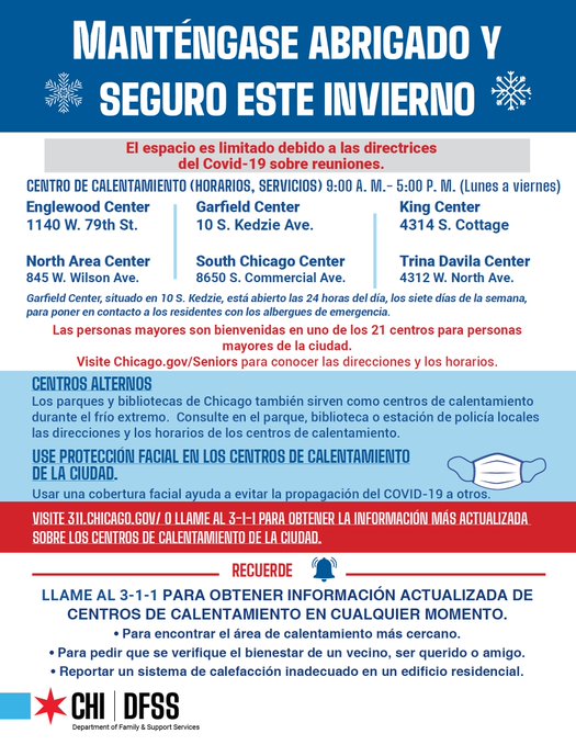 PoliciaChicago's tweet photo. Como se espera que las temperaturas bajen en los próximos días, recuerde que áreas de calentamiento están disponibles en los centros de servicios comunitarios de 9am a 5pm, lunes a viernes. Además, los distritos de CPD están disponibles para ayudar a mantener a todos abrigados.⬇️ https://t.co/x2GtEbi6jz