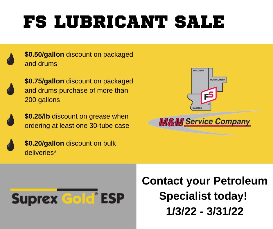MMServiceFS's tweet photo. FS Lubricant Sale happening now! Contact your M&amp;M Service Petroleum Specialist to order by 3-31-22.

#FSLubricants #BulkOil https://t.co/O68Z1Sv5Kn