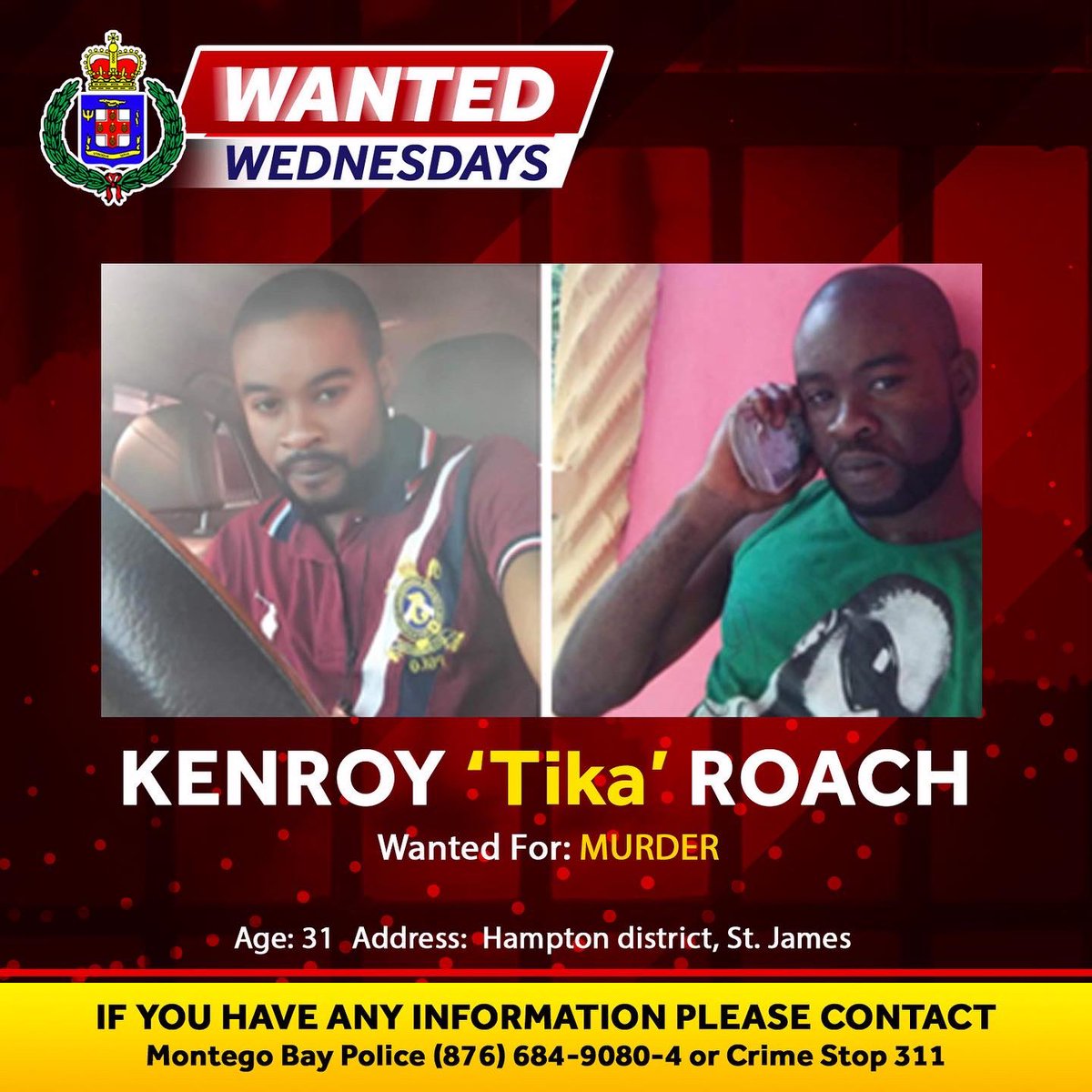 JamaicaConstab's tweet image. These two men are wanted for murders in the parish of St. James. If you know where they are, tell us. Call the numbers listed to help us apprehend these wanted men. #AForce4Good #WantedWednesday