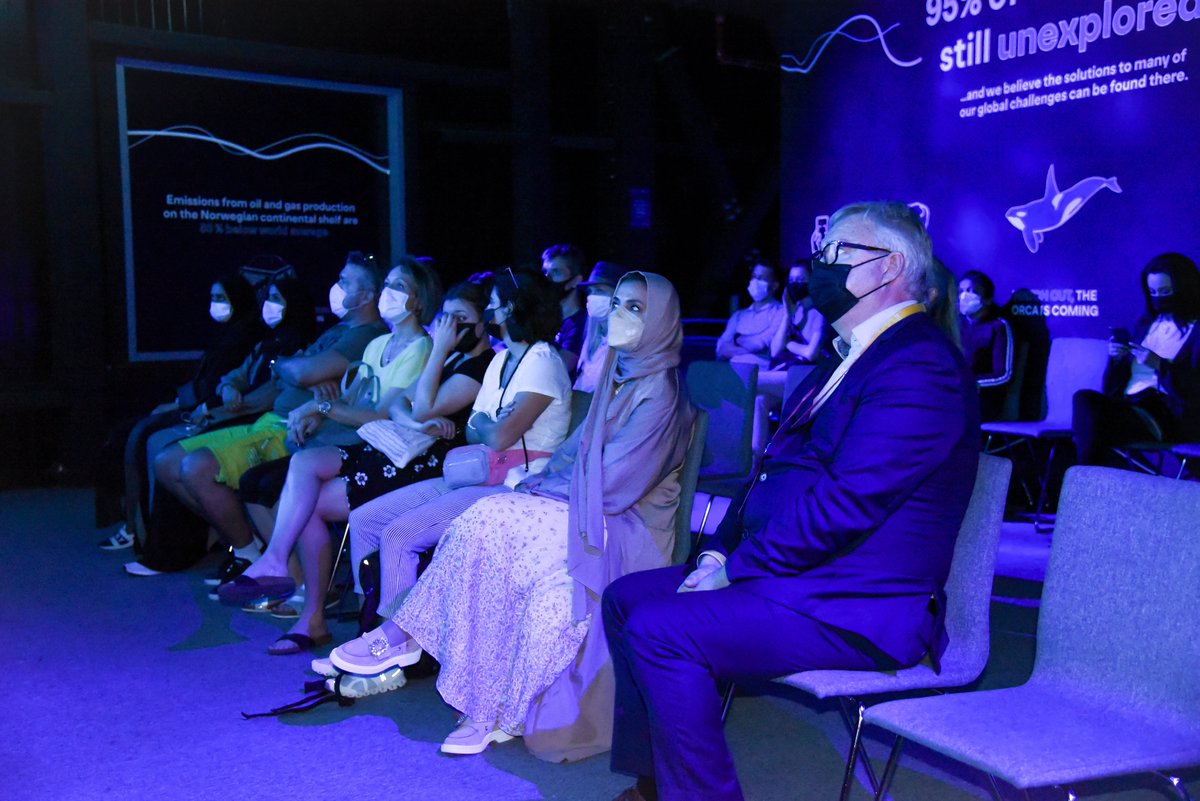 UAEMissionIRENA's tweet photo. HE Dr. @nah_208 visited the @expo2020no pavilion at @expo2020dubai and was guided by @ojsandvaer, CG of Norway Pavilion. Designed to educate visitors about the importance of #oceanconservation, Norway takes visitors on an interactive journey from beneath the seabed to the surface https://t.co/OhZBkMZMEn