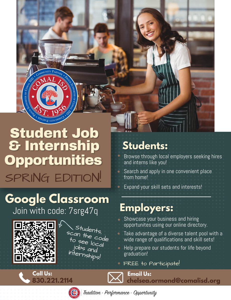 CisdCPN's tweet photo. Local employers: Sign up to be added to our student online job board! https://t.co/3hsrM5tvut 
Students: access locals jobs in the Google Classroom
@canyonlakehs @SmithsonValley @memorial_hs @PieperHS @Davenport_HS @HCCPHSprincipal @canyonhscougars https://t.co/oomznmVaiW