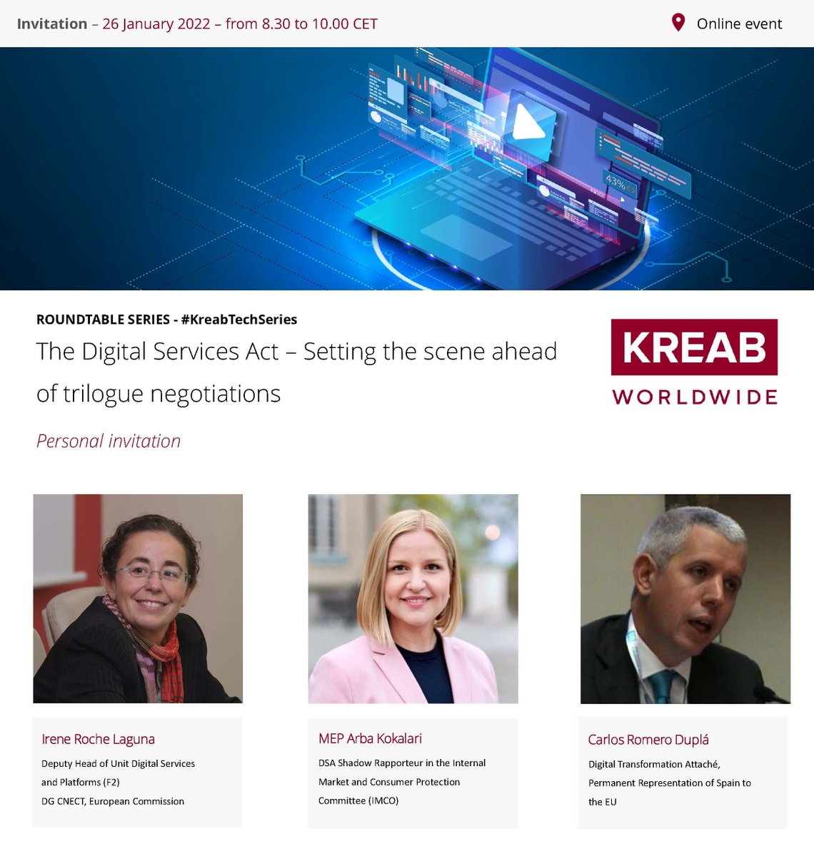 Join us next week for #KreabTechSeries roundtable to discuss the #DigitalServicesAct #DSA with a complete panel representing all three EU institutions, as the <a href="/Europarl_EN/">European Parliament</a> is set to vote on its position tomorrow, and trilogues expected to start soon. events.kreabeu.eu/roundtable-ser…