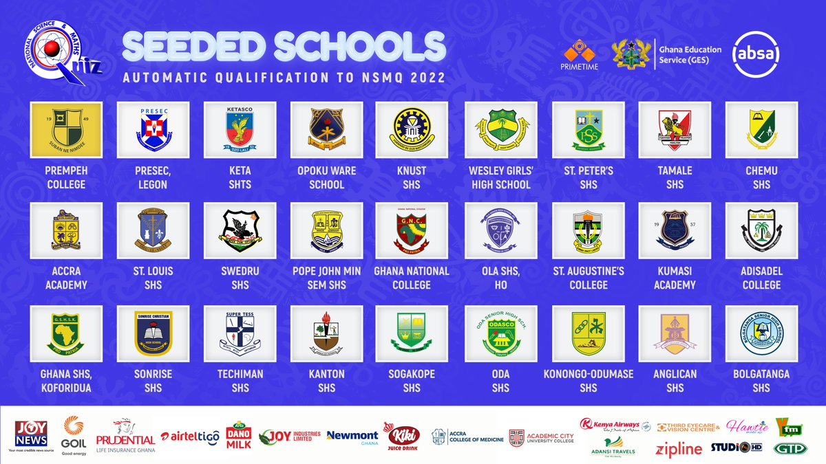 NSMQGhana's tweet photo. As it stands, these are the 27 Seeded Schools for #NSMQ2022.

Is your school in there?

👀

#Primetime https://t.co/8ijKnyDGKe