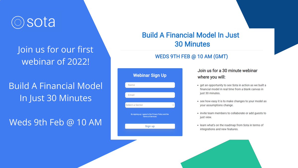 getsota's tweet photo. Join us on Weds 9th Feb @ 10 am for our first webinar of 2022 - Build A Financial Model In Just 30 Minutes.

Sign up below to secure your place:

https://t.co/Q2kC95EzTy https://t.co/RtxJiN7Isq