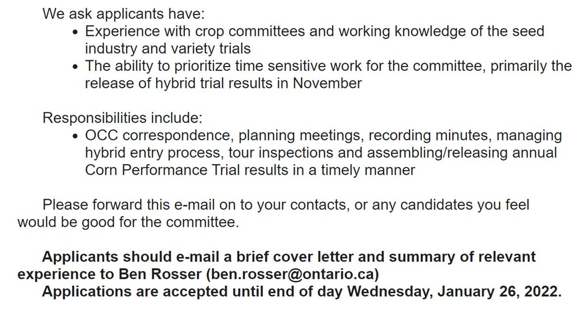 cropdoc2's tweet photo. The Ontario Corn Committee (OCC) is looking for a secretary.  Details below.  Contact the provincial corn lead Ben Rosser (OMAFRA) for more details.  ben.rosser@ontario.ca https://t.co/dRgQfIPFBD