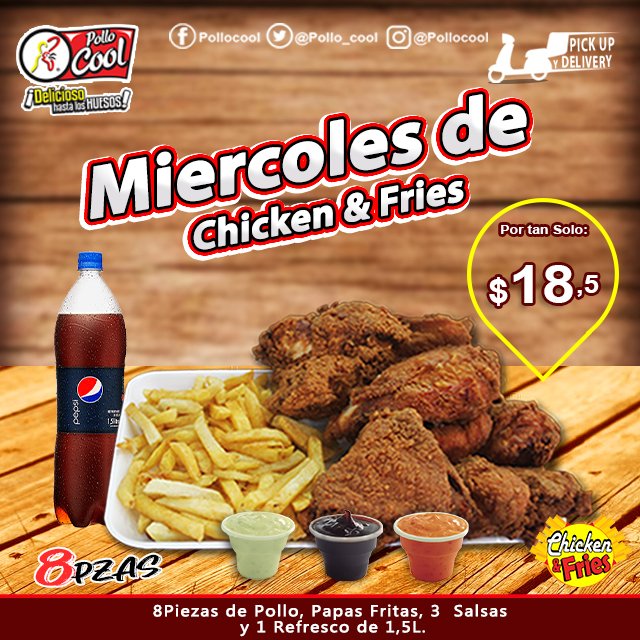 MIERCOLES DE SUPER CHICKEN&amp;FRIES!
YA ESTAMOS ¡PREPARADOS PARA RECIBIRTE!
Disfruta de esta nueva Súper Promo que te trae pollo cool, una promoción que no podrás dejar pasar son 8 piezas de pollo, papas fritas, 3 Salsas y un Refresco 1,5 lts por tan solo 18,5$ ¡Ven! a probarlos