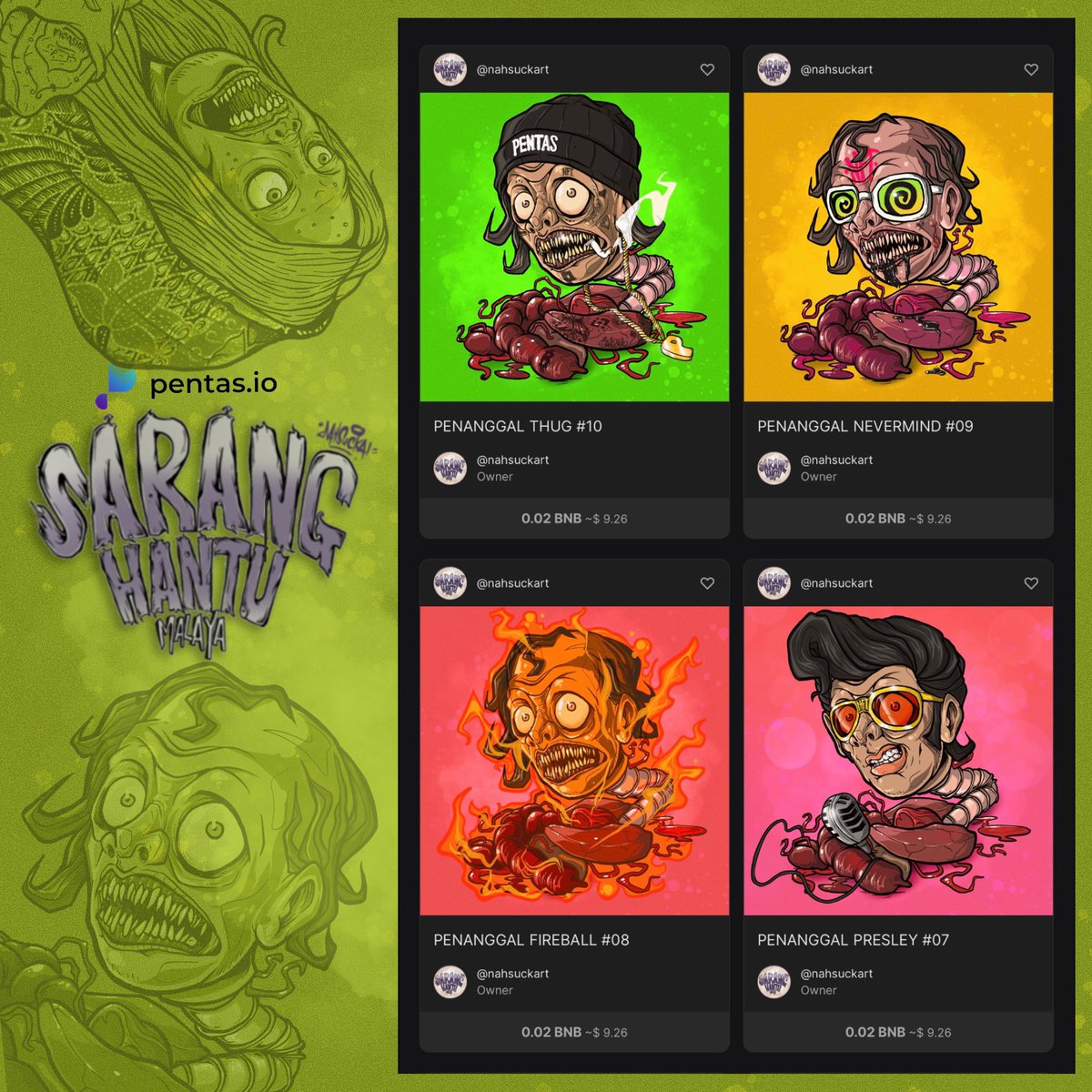NahSucka's tweet photo. NEW DROP ALERT!

SARANG HANTU MALAYA - PENANGGAL
4 Sets of Penanggal already in Marketplace @pentas_io 

Feel Free to Checkout :
https://t.co/vIdb7PLR0T

@Pentasian #pentasio #nftcollector #NFTCommumity https://t.co/Ft8u9pxJyJ